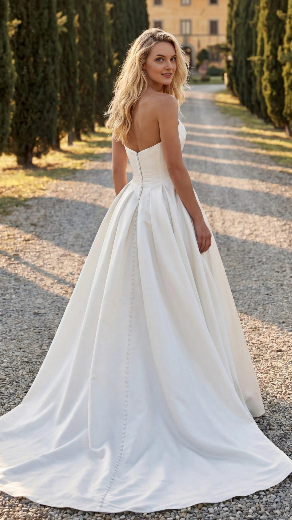 Vedress clean strapless bridal gown back view with covered button column and full satin sweep train